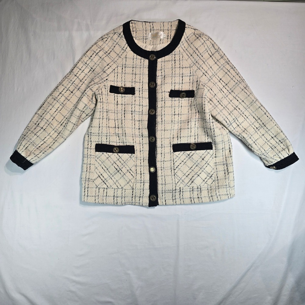 Fashion Cream Black Tweed Plaid Blazer Jacket Gold Crest Buttons Metallic Small